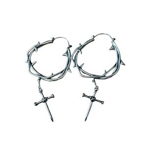 Gothic Thorn Hoop Earrings Nail Cross Dangle Silver